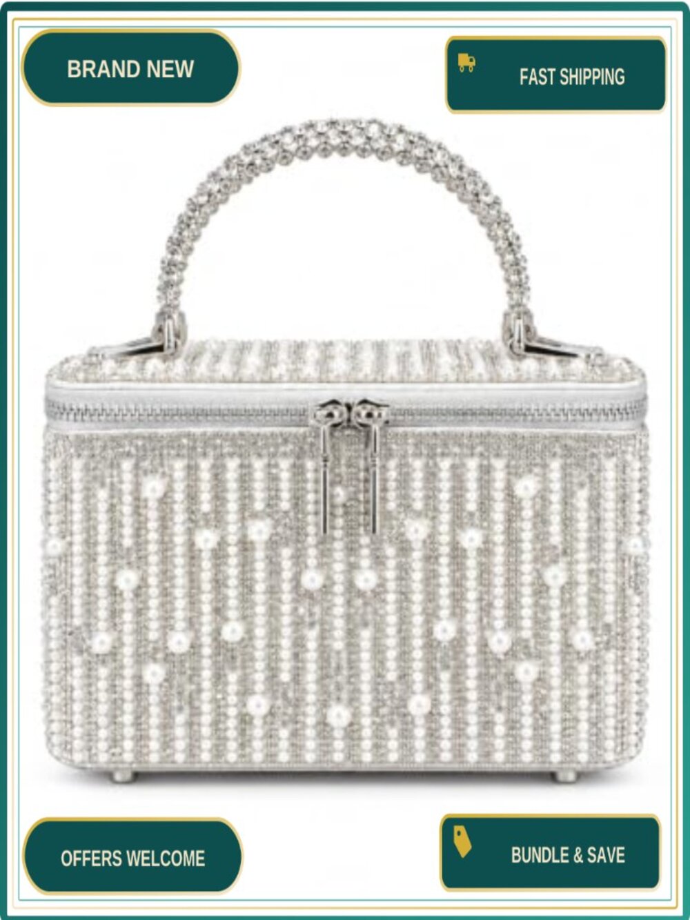 Rhinestone Pearl Clutch Purse Box Evening Bag with Chain Strap